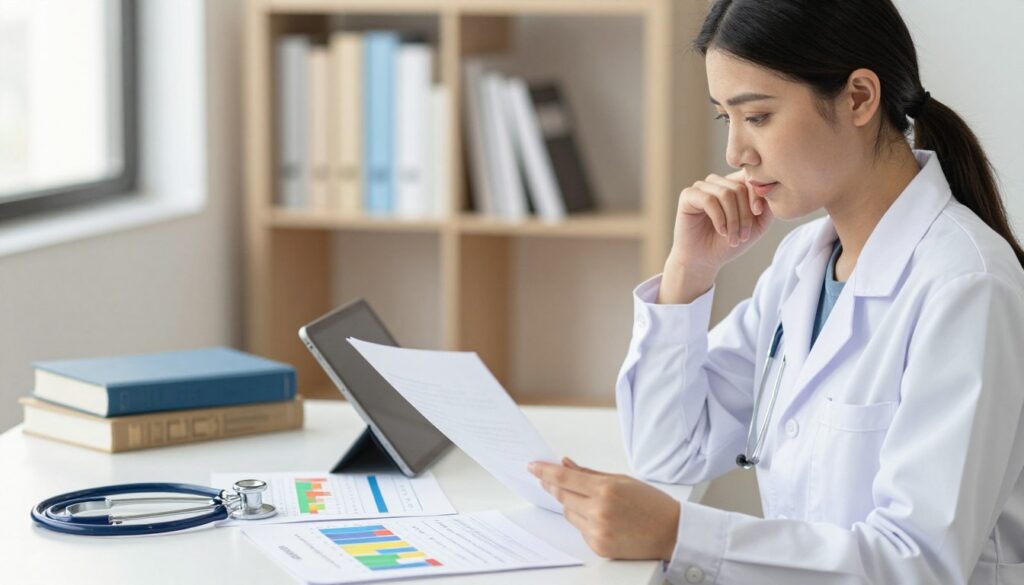 A professional healthcare setting focused on interpreting thyroid test results during pregnancy. In the foreground, a female doctor in a white lab coat, attentively reviewing charts and medical data on a tablet, with a thoughtful expression. In the middle, a table scattered with colorful graphs and charts representing low TSH and high FT4 levels, alongside a stethoscope and medical books. In the background, softly blurred shelves filled with medical textbooks and a warm, inviting atmosphere with soft, natural lighting coming from a nearby window. The scene conveys professionalism and clarity, highlighting the importance of accurate interpretation in maternal health.
