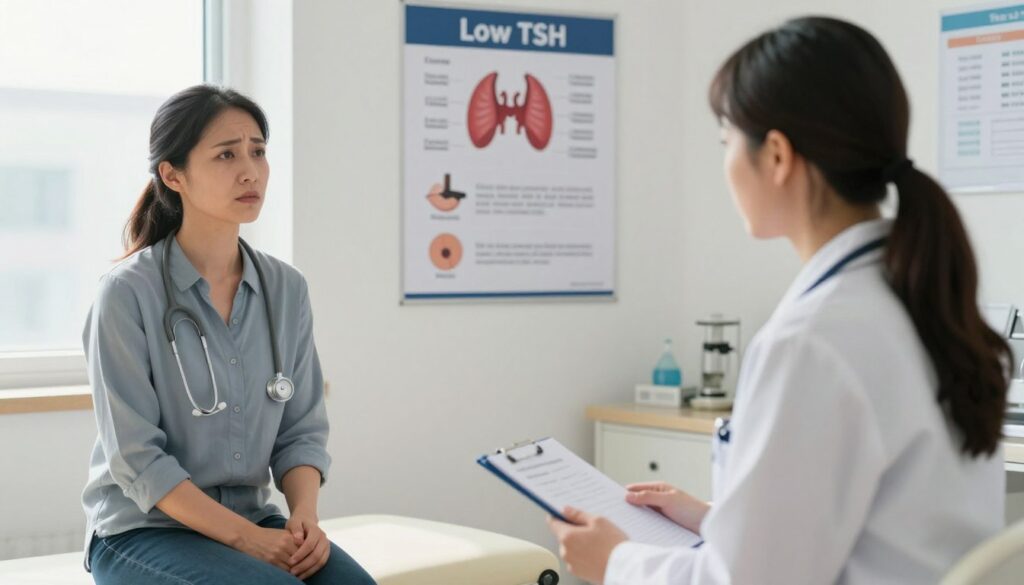 A professional healthcare setting illustrating the symptoms of low TSH levels. In the foreground, a doctor in smart business attire is examining a patient, an adult female sitting on an examination table, looking slightly concerned, with a stethoscope around her neck. The middle ground features a chart on the wall displaying thyroid hormone levels and related symptoms such as fatigue, weight fluctuation, and muscle weakness, illustrated with simple icons. In the background, a bright window allows natural light to seep in, casting a warm glow on the scene, symbolizing hope and care. The overall mood is informative and supportive, fostering a sense of professionalism and compassion in healthcare. No text or watermarks will be included.