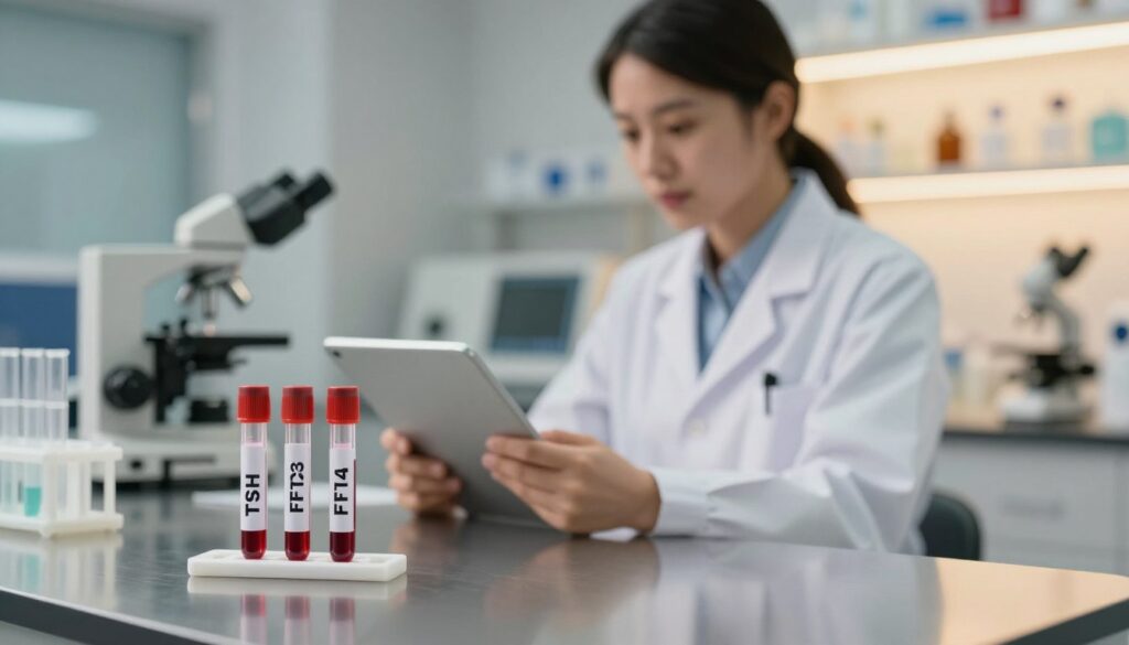 A professional healthcare setting with a focus on thyroid function tests. In the foreground, a metallic laboratory countertop holding three blood test tubes labeled TSH, FT3, and FT4, each filled with a colored liquid to indicate the test results. In the middle, a healthcare professional in a white lab coat, examining the results on a digital tablet, looking focused and analytical. Background includes a softly illuminated clinical environment with a modern laboratory design featuring shelves of medical supplies and a lit microscope, creating a sense of professionalism and trust. Warm lighting enhances the inviting atmosphere. The viewpoint is slightly above eye level, capturing both the professional and the test tubes clearly while maintaining a balanced composition. A professional healthcare setting with a focus on thyroid function tests. In the foreground, a metallic laboratory countertop holding three blood test tubes labeled TSH, FT3, and FT4, each filled with a colored liquid to indicate the test results. In the middle, a healthcare professional in a white lab coat, examining the results on a digital tablet, looking focused and analytical. Background includes a softly illuminated clinical environment with a modern laboratory design featuring shelves of medical supplies and a lit microscope, creating a sense of professionalism and trust. Warm lighting enhances the inviting atmosphere. The viewpoint is slightly above eye level, capturing both the professional and the test tubes clearly while maintaining a balanced composition.