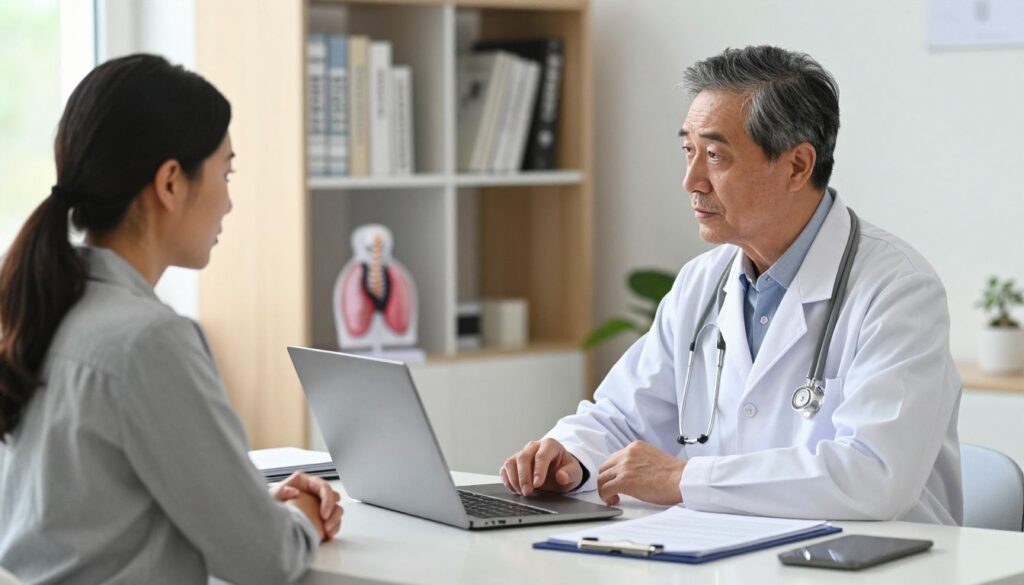 A professional medical consultation setting, featuring a middle-aged doctor and a patient engaged in a focused discussion about thyroid health. The doctor, dressed in a white lab coat, is seated at a sleek modern desk with a laptop open and medical charts visible. The patient, a woman in modest casual attire, appears attentive and concerned as she listens. In the background, shelves filled with medical books and a model of the human thyroid emphasize the subject matter. Soft, natural lighting filters through a window, creating a calm yet serious atmosphere. The angle captures the interaction closely, highlighting the importance of the conversation about hyperthyroidism. No text, logos, or watermarks present.