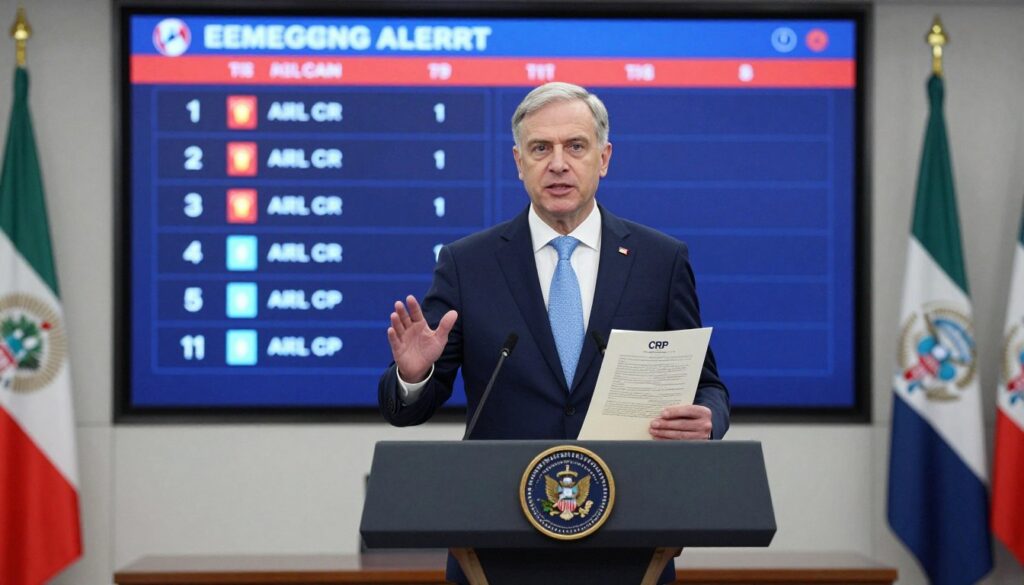 A professional politician, dressed in a tailored suit and tie, stands confidently at a podium marked with an official emblem, indicating their role as the Prime Minister of a country. In the foreground, the Prime Minister gestures with one hand while holding a document in the other, symbolizing the declaration of an emergency alert level (CRP). The middle ground features a backdrop of a large digital screen displaying various alarm levels and relevant icons, conveying urgency. The background includes a modern government office with flags and an ambient professional setting. The lighting is bright and focused on the Prime Minister, creating an atmosphere of authority and seriousness, while subtle shadows add depth to the scene. The overall mood is one of preparedness and leadership in a crisis. A professional politician, dressed in a tailored suit and tie, stands confidently at a podium marked with an official emblem, indicating their role as the Prime Minister of a country. In the foreground, the Prime Minister gestures with one hand while holding a document in the other, symbolizing the declaration of an emergency alert level (CRP). The middle ground features a backdrop of a large digital screen displaying various alarm levels and relevant icons, conveying urgency. The background includes a modern government office with flags and an ambient professional setting. The lighting is bright and focused on the Prime Minister, creating an atmosphere of authority and seriousness, while subtle shadows add depth to the scene. The overall mood is one of preparedness and leadership in a crisis.