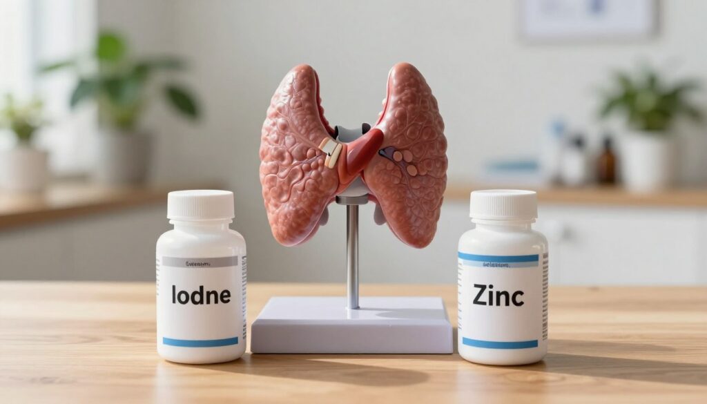 A scientifically-inspired composition focusing on iodine, selenium, and zinc supplementation for thyroid health. In the foreground, display three distinct, labeled supplement bottles: one for iodine, one for selenium, and one for zinc, elegantly arranged on a wooden table. The middle layer features a visually appealing anatomical model of a thyroid gland, depicted in a naturalistic style, with arrows indicating the effects of these supplements on thyroid function. The background presents a softly-lit clinical setting, suggesting a professional health consultation room, with blurred green plants to evoke a sense of vitality and wellness. Natural sunlight should illuminate the scene, creating a warm and inviting atmosphere that emphasizes health and balance, while maintaining a clean and organized appearance.