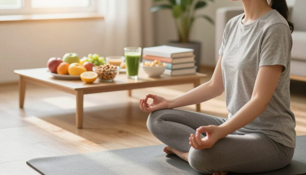A serene and balanced lifestyle setting representing "mild elevation of CRP and lifestyle." In the foreground, depict a professional-looking individual in modest casual clothing, calmly meditating on a yoga mat, expressing tranquility. The middle layer features a healthy breakfast table with fruits, whole grains, and green smoothies, symbolizing wellness and nutrition. In the background, incorporate subtle hints of chronic health concerns, like a blurred stack of medical books and a potted plant symbolizing healing. The lighting should be warm and inviting, with soft sunlight streaming through a window, creating a peaceful atmosphere. The angle should be slightly elevated to capture the whole scene harmoniously, evoking a sense of well-being and a proactive approach to health. A serene and balanced lifestyle setting representing "mild elevation of CRP and lifestyle." In the foreground, depict a professional-looking individual in modest casual clothing, calmly meditating on a yoga mat, expressing tranquility. The middle layer features a healthy breakfast table with fruits, whole grains, and green smoothies, symbolizing wellness and nutrition. In the background, incorporate subtle hints of chronic health concerns, like a blurred stack of medical books and a potted plant symbolizing healing. The lighting should be warm and inviting, with soft sunlight streaming through a window, creating a peaceful atmosphere. The angle should be slightly elevated to capture the whole scene harmoniously, evoking a sense of well-being and a proactive approach to health.