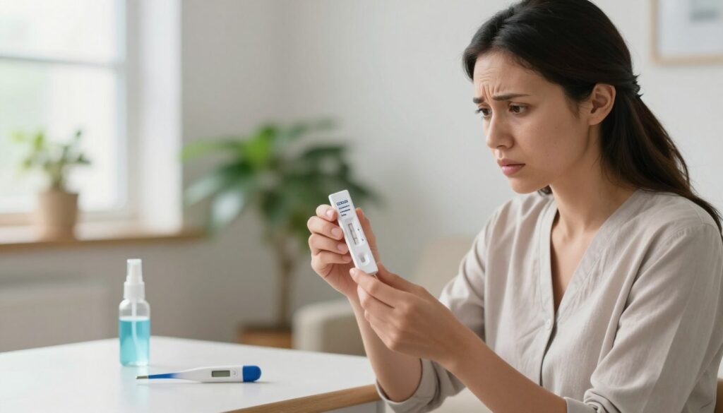 A serene and informative scene depicting the symptoms of infection in a healthcare context. In the foreground, a professional-looking woman in smart casual attire examines a home CRP test kit, showing visible interest and curiosity. Her expression conveys concern yet determination. In the middle ground, softly blurred medical tools like a thermometer and an antiseptic spray are placed neatly on a counter, symbolizing personal health management. The background features a bright, well-lit home setting with green plants, creating a calming atmosphere. Natural light streams in from a window, enhancing the sense of hope and clarity. The overall mood is one of awareness and proactive health care, emphasizing the importance of recognizing infection signs early. A serene and informative scene depicting the symptoms of infection in a healthcare context. In the foreground, a professional-looking woman in smart casual attire examines a home CRP test kit, showing visible interest and curiosity. Her expression conveys concern yet determination. In the middle ground, softly blurred medical tools like a thermometer and an antiseptic spray are placed neatly on a counter, symbolizing personal health management. The background features a bright, well-lit home setting with green plants, creating a calming atmosphere. Natural light streams in from a window, enhancing the sense of hope and clarity. The overall mood is one of awareness and proactive health care, emphasizing the importance of recognizing infection signs early.