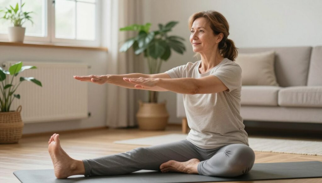A serene, indoor setting showcasing a middle-aged woman in modest casual clothing, engaged in gentle physical activity post-thyroid biopsy. In the foreground, she's performing light stretching or yoga, demonstrating care and attentiveness to her recovery. The middle ground features a comfortable living space with soft lighting, houseplants, and a yoga mat. In the background, a window allows natural light to filter through, creating a warm and inviting atmosphere. The woman's expression conveys determination and a positive mindset. The overall mood is peaceful and focused on health and healing, emphasizing the importance of gradual return to normal activities after medical procedures. No people or objects that indicate distress or discomfort are present.