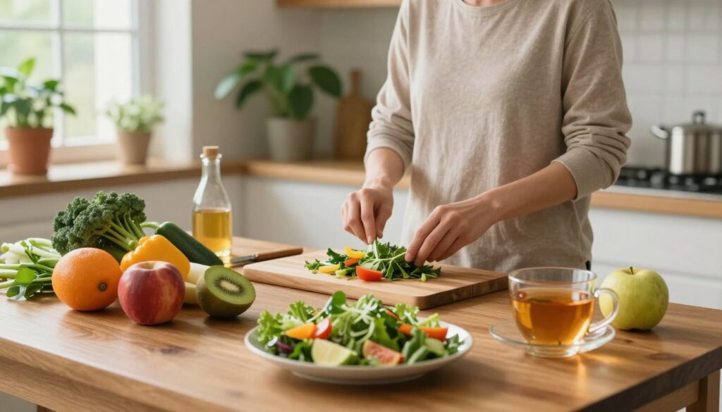 A serene kitchen setting filled with natural light, showcasing a wooden table adorned with vibrant, fresh fruits, vegetables, and herbs that symbolize a healthy diet aimed at reducing inflammation. In the foreground, a plate of colorful salads and herbal teas, representing safe, natural ways to lower CRP levels. In the middle ground, a calm individual dressed in modest casual clothing, engaged in the preparation of a meal, embodying a lifestyle change. The background features lush indoor plants, emphasizing a holistic approach to wellness. Soft, warm lighting creates an inviting atmosphere, suggesting tranquility and health. The overall mood is peaceful and inspiring, encouraging viewers to embrace natural remedies for inflammation reduction. A serene kitchen setting filled with natural light, showcasing a wooden table adorned with vibrant, fresh fruits, vegetables, and herbs that symbolize a healthy diet aimed at reducing inflammation. In the foreground, a plate of colorful salads and herbal teas, representing safe, natural ways to lower CRP levels. In the middle ground, a calm individual dressed in modest casual clothing, engaged in the preparation of a meal, embodying a lifestyle change. The background features lush indoor plants, emphasizing a holistic approach to wellness. Soft, warm lighting creates an inviting atmosphere, suggesting tranquility and health. The overall mood is peaceful and inspiring, encouraging viewers to embrace natural remedies for inflammation reduction.
