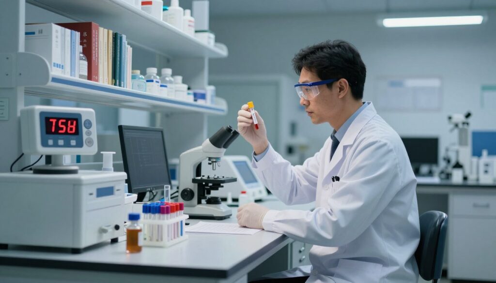 A serene laboratory setting with a focus on a well-organized workspace. In the foreground, an elegant, white lab counter adorned with colorful vials and equipment, symbolizing the analysis of TSH levels. A digital display shows a timer counting down, highlighting the wait time for results. In the middle ground, a healthcare professional in a white lab coat, wearing safety glasses, intently examining a test tube under bright overhead lighting, which casts a clinical glow. The background features shelves filled with medical books and equipment, emphasizing the professional atmosphere. The overall mood is one of anticipation and professionalism, capturing the essence of waiting for test results in a lab setting. A serene laboratory setting with a focus on a well-organized workspace. In the foreground, an elegant, white lab counter adorned with colorful vials and equipment, symbolizing the analysis of TSH levels. A digital display shows a timer counting down, highlighting the wait time for results. In the middle ground, a healthcare professional in a white lab coat, wearing safety glasses, intently examining a test tube under bright overhead lighting, which casts a clinical glow. The background features shelves filled with medical books and equipment, emphasizing the professional atmosphere. The overall mood is one of anticipation and professionalism, capturing the essence of waiting for test results in a lab setting.