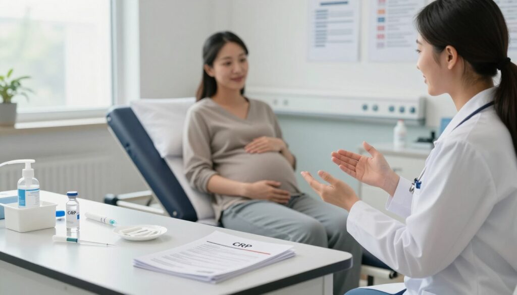 A serene medical examination room provides a calm atmosphere for preparing for a CRP test during pregnancy. In the foreground, a well-organized lab table features medical supplies: a vial, a sterile needle, alcohol swabs, and informative brochures on CRP testing. In the middle, a pregnant woman in modest casual clothing sits comfortably on an examination table, looking relaxed and engaged with a healthcare professional. The professional, dressed in a white coat, gestures towards the woman, explaining the procedure with a reassuring smile. Soft, diffuse lighting bathes the room, emphasizing the caring and supportive mood. The background shows medical charts and a large window with gentle daylight, creating a safe and warm environment for this important health test.