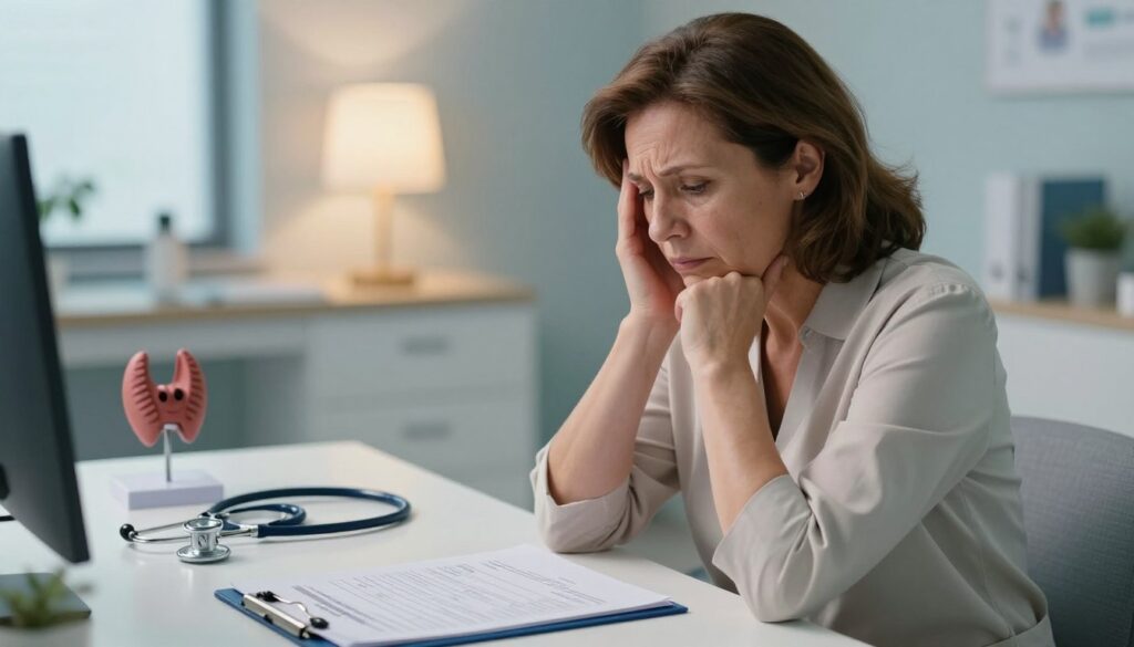 A serene medical office setting, featuring a middle-aged woman sitting pensively at a table, her expression exhibiting concern. In the foreground, there are medical charts and a blood test report with elevated TSH levels visible. The middle ground includes a stethoscope and a thyroid model, symbolizing the concept of hypothyroidism. The background shows a softly lit room with calming colors, like pale blue and white, creating an atmosphere of contemplation and urgency. The lighting is warm and inviting, suggesting a safe space for medical discussion. The woman is dressed in professional attire, reflecting a serious topic while maintaining modesty. The overall mood conveys a blend of concern and hope, emphasizing the importance of recognizing symptoms of dangerously high TSH.