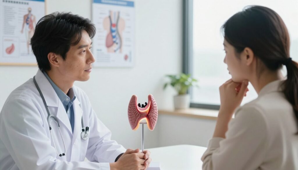 A serene medical office setting focused on hyperthyroidism treatment. In the foreground, a professional healthcare provider, wearing a white coat, is engaged in conversation with a patient, who appears concerned yet attentive. The middle ground features a detailed anatomical model of the thyroid gland, brightly illuminated to highlight its structure. Various medical charts and diagrams on the walls provide additional context about thyroid conditions. In the background, soft natural light streams through a window, creating a calm atmosphere that conveys hope and professionalism. The overall mood is supportive and informative, emphasizing the importance of understanding and treating hyperthyroidism effectively.