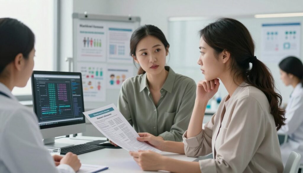 A serene medical research setting showing a diverse group of professionals, including two identical twin women dressed in modest casual clothing, engaging in a discussion about the genetic implications of Hashimoto's disease. In the foreground, one twin is holding a detailed research report, while the other is looking thoughtfully at a computer screen displaying genetic graphs. The middle ground includes a whiteboard filled with notes and charts related to family studies. The background features soft, natural lighting coming through large windows, creating a calm and focused atmosphere. The image captures a sense of collaboration and scientific inquiry, highlighting the significance of familial research in understanding Hashimoto's disease.