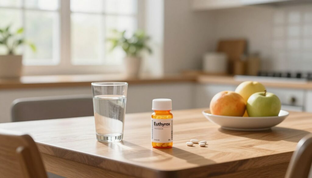 A serene morning scene in a bright, well-lit kitchen. In the foreground, a wooden dining table set with a delicate glass of water, a pill bottle labeled "Euthyrox," and a small bowl of fresh fruit. A soft, warm light filters in through a window, illuminating the scene with a gentle glow. In the background, a plant on a windowsill symbolizes health. The atmosphere conveys calmness and clarity, perfect for a discussion about thyroid hormones. Emphasize the importance of routine, with a focus on the pill bottle – crisp and clear, showcasing its label, without any text overlay. Capture the essence of preparing for a TSH test while subtly alluding to the role of levothyroxine in managing thyroid health.