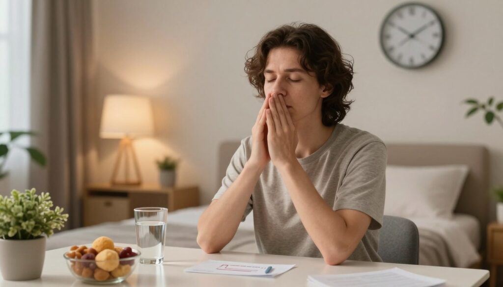 A serene scene depicting a person in modest casual clothing, seated at a table, showing signs of calm mindfulness. In the foreground, they are practicing deep breathing, surrounded by healthy snacks and a glass of water, symbolizing preparation for a TSH blood test. The middle ground features a softly lit, cozy room with calming decor—houses plants and gentle lighting, creating a relaxed atmosphere. In the background, a clock shows early morning hours to signify the importance of rest. The soft, warm light enhances the peaceful mood, emphasizing the combination of stress management, physical activity, and the importance of sleep before medical testing. The composition is balanced and inviting, focusing on mental well-being and readiness. A serene scene depicting a person in modest casual clothing, seated at a table, showing signs of calm mindfulness. In the foreground, they are practicing deep breathing, surrounded by healthy snacks and a glass of water, symbolizing preparation for a TSH blood test. The middle ground features a softly lit, cozy room with calming decor—houses plants and gentle lighting, creating a relaxed atmosphere. In the background, a clock shows early morning hours to signify the importance of rest. The soft, warm light enhances the peaceful mood, emphasizing the combination of stress management, physical activity, and the importance of sleep before medical testing. The composition is balanced and inviting, focusing on mental well-being and readiness.