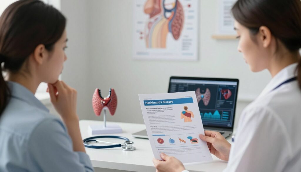 A serene, softly lit medical consultation room featuring an adult woman in professional attire, looking contemplative while holding a thyroid health information pamphlet. In the foreground, the pamphlet should display illustrations of early symptoms of Hashimoto’s disease, such as fatigue, weight gain, and sensitivity to cold. The middle ground should contain an anatomical model of a thyroid gland on the desk, alongside a stethoscope and a laptop with medical graphs. The background should showcase anatomical posters related to thyroid function. The overall atmosphere should evoke a sense of awareness and concern, with gentle, natural lighting illuminating the scene to reflect a calm yet informative mood, encouraging viewers to consider their health. A serene, softly lit medical consultation room featuring an adult woman in professional attire, looking contemplative while holding a thyroid health information pamphlet. In the foreground, the pamphlet should display illustrations of early symptoms of Hashimoto’s disease, such as fatigue, weight gain, and sensitivity to cold. The middle ground should contain an anatomical model of a thyroid gland on the desk, alongside a stethoscope and a laptop with medical graphs. The background should showcase anatomical posters related to thyroid function. The overall atmosphere should evoke a sense of awareness and concern, with gentle, natural lighting illuminating the scene to reflect a calm yet informative mood, encouraging viewers to consider their health.