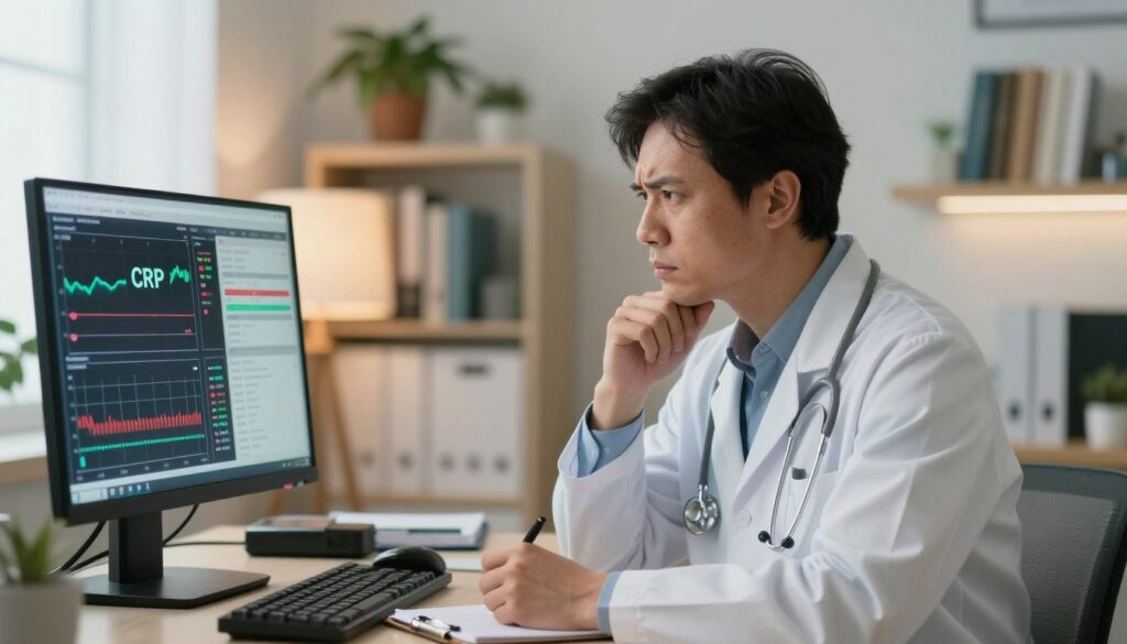 A thoughtful healthcare professional in a modern clinic, analyzing a digital display showing low CRP levels on a medical monitor. In the foreground, a computer screen with detailed charts and graphs displaying medical data about inflammation markers. In the middle, the physician, dressed in professional attire with a stethoscope around their neck, appears contemplative, taking notes and gazing at the screen with a furrowed brow, suggesting a nuanced understanding of medical complexity. In the background, a softly lit office environment filled with medical books and potted plants, enhancing a calm and focused atmosphere. The lighting is warm and inviting, creating a sense of inquiry and professionalism, with a slight depth of field that emphasizes the subject while softly blurring the surroundings.
