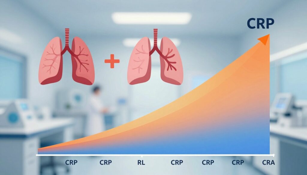 A visually engaging medical illustration depicting the relationship between CRP levels and the intensity of inflammation. In the foreground, a stylized graph showcasing varying CRP levels with a smooth gradient transition from low to high, representing inflammation severity, juxtaposed against anatomical representations of inflamed tissues. In the middle ground, include simplified, labeled diagrams of human organs affected by inflammation, such as lungs or joints, portrayed in a soft-focus. The background should feature a subtle blur of a clinical setting, suggesting urgency and professionalism, with cool blue and white lighting, echoing a sterile medical environment. The overall mood should convey seriousness and clarity, focusing on the informative nature of the visual.