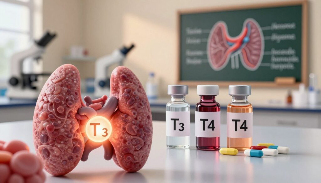 A visually striking, educational representation of excess iodine and thyroid hormones as a cause of hyperthyroidism. In the foreground, a close-up of a human thyroid gland with a highlighted, glowing iodine atom to signify excess. In the middle ground, three vials labeled with different thyroid hormones (T3, T4, and synthetic medications) arranged neatly. The background features a serene, softly-lit laboratory setting with medical equipment and a chalkboard displaying diagrams of thyroid function and hormone production. The lighting is warm and inviting, suggesting a sense of discovery and understanding. The overall mood is informative and professional, encouraging viewers to engage with the subject matter. A visually striking, educational representation of excess iodine and thyroid hormones as a cause of hyperthyroidism. In the foreground, a close-up of a human thyroid gland with a highlighted, glowing iodine atom to signify excess. In the middle ground, three vials labeled with different thyroid hormones (T3, T4, and synthetic medications) arranged neatly. The background features a serene, softly-lit laboratory setting with medical equipment and a chalkboard displaying diagrams of thyroid function and hormone production. The lighting is warm and inviting, suggesting a sense of discovery and understanding. The overall mood is informative and professional, encouraging viewers to engage with the subject matter.