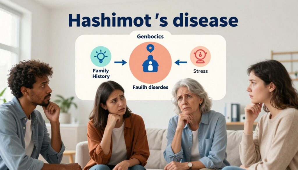 A visually striking illustration depicting the risk factors for Hashimoto's disease. Foreground: a diverse group of four individuals in professional and modest casual attire, representing various ethnicities and ages, each looking concerned while engaging in a discussion. Middle ground: a chart displaying genetic and lifestyle risk factors, such as family history, autoimmune disorders, and stress, visually appealing with icons and arrows. Background: a soft-focus clinical setting, with gentle lighting that evokes a sense of care and professionalism. The atmosphere is thoughtful and informative, with a warm color palette that invites engagement. The composition should draw the viewer's eye toward the group and the chart, emphasizing the importance of understanding risk factors for Hashimoto's disease.