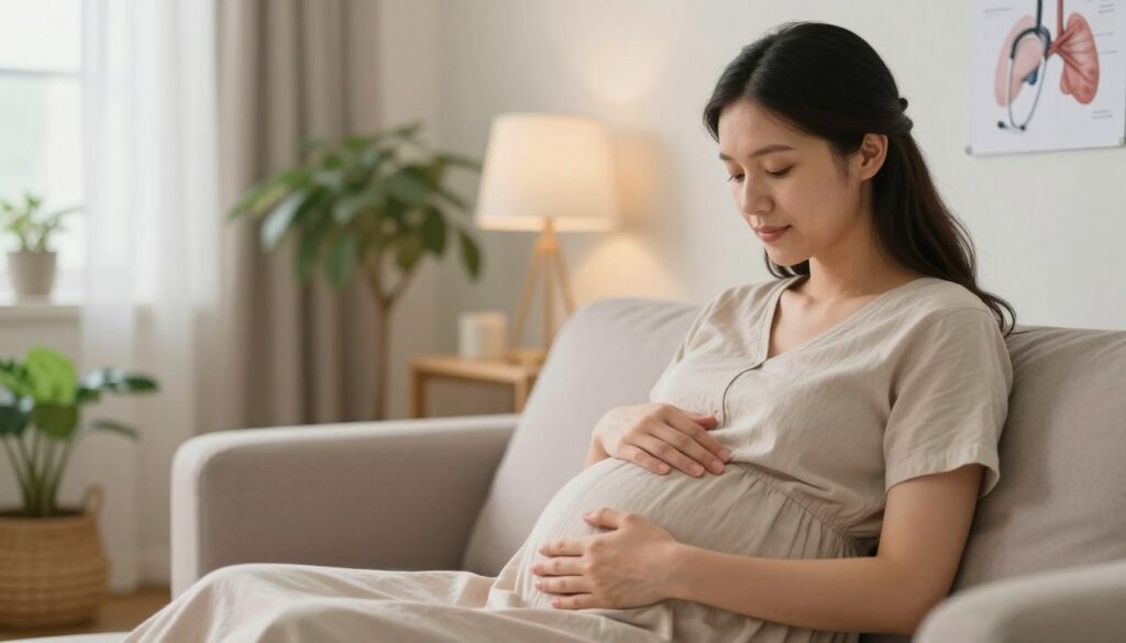 A visually striking scene depicting the impact of hypothyroidism during pregnancy, showing a serene, expectant mother gently cradling her baby bump in a peaceful home setting. In the foreground, the mother is dressed in a comfortable, modest dress, her expression reflecting hope and contemplation. The middle layer features a cozy, well-lit room filled with greenery and soft, warm lighting, suggesting a nurturing environment. In the background, there are medical elements subtly included, like thyroid diagrams and a stethoscope, indicating the health focus. The overall mood is calm, informative, and supportive, emphasizing the importance of managing TSH levels for a healthy pregnancy. Use a soft focus lens effect to enhance warmth and intimacy in the scene.
