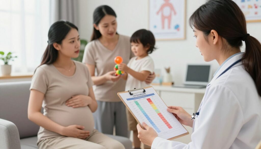 A warm and informative scene depicting a caring doctor discussing the topic of low hemoglobin levels with a pregnant woman and a mother with a young child. In the foreground, the doctor, dressed in professional attire, holds a clip chart with a colorful diagram illustrating hemoglobin levels. The pregnant woman is seated, cradling her belly, looking attentive and concerned. In the middle ground, the mother stands beside her young child, who is playing with a toy while listening in. The background shows a well-lit doctor's office with medical posters and a comforting atmosphere, emphasizing a focus on health. Soft, natural lighting creates an inviting mood, highlighting the importance of understanding anemia during pregnancy and childhood.