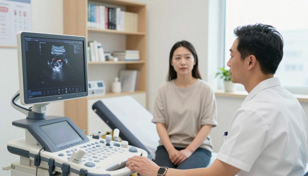 A well-lit medical examination room focused on thyroid diagnostic tests. In the foreground, a healthcare professional in professional attire is analyzing a thyroid ultrasound on a monitor, with a calm, focused expression. In the middle ground, a detailed ultrasound machine displays images of the thyroid gland, indicating that diagnostic imaging is in progress. A patient, dressed in modest casual clothing, is seated on an examination table, looking reassured. In the background, shelves are filled with medical books and charts on thyroid health. Soft, natural lighting from a window enhances the clinical yet inviting atmosphere, and the angle captures the seriousness of the diagnostic process, emphasizing the importance of thyroid testing in healthcare.