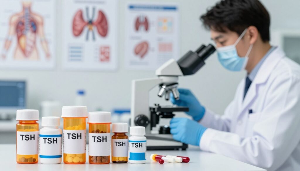 An informative and visually engaging composition illustrating the impact of medications on TSH levels. In the foreground, display a range of prescription medication bottles and supplements, clearly labeled with their names while ensuring no text is visible. In the middle, depict a healthcare professional in a laboratory setting, dressed in a lab coat, examining a blood sample under a microscope, symbolizing the testing process. In the background, include a softly blurred wall filled with anatomical charts and graphs related to thyroid function and TSH levels. The overall lighting should be bright and clinical, conveying a sense of professionalism and credibility. The mood should be educational and focused, highlighting the theme of medication effects on hormone levels without distraction. An informative and visually engaging composition illustrating the impact of medications on TSH levels. In the foreground, display a range of prescription medication bottles and supplements, clearly labeled with their names while ensuring no text is visible. In the middle, depict a healthcare professional in a laboratory setting, dressed in a lab coat, examining a blood sample under a microscope, symbolizing the testing process. In the background, include a softly blurred wall filled with anatomical charts and graphs related to thyroid function and TSH levels. The overall lighting should be bright and clinical, conveying a sense of professionalism and credibility. The mood should be educational and focused, highlighting the theme of medication effects on hormone levels without distraction.