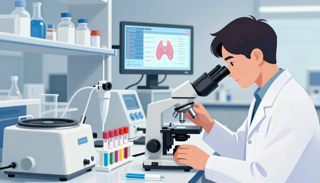 In a modern laboratory setting, create a detailed illustration showcasing antibodies in the context of thyroid disease diagnostics. In the foreground, depict a scientist in a white lab coat, examining test tubes filled with colorful serum samples under a microscope. Surround them with intricate lab equipment, such as centrifuges and pipettes. In the background, include a digital display showing thyroid hormone levels and antibody structures, conveying a sense of advanced research. The lighting should be bright and clinical, highlighting the colors of the serum samples. The atmosphere should be focused and professional, capturing the significance of antibody testing in assessing thyroid health.